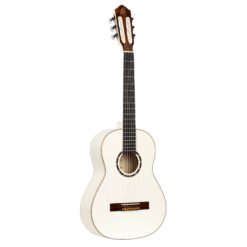 Biała gitara klasyczna w rozmiarze 3/4, Ortega R121 WH, dostępna w wypożyczalni gitar klasycznych "Słomiany Zapał"